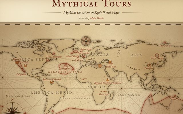 Mythical Tours: an old world map with Atlantis and El Dorado